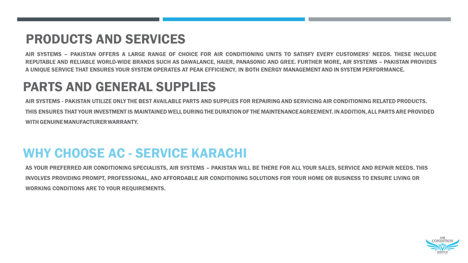 Products & Services — Parts, supplies and maintenance support